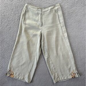 Citron Santa Monica Pants Womens XS Silk Linen Toggle Wide Leg Embroidered Green